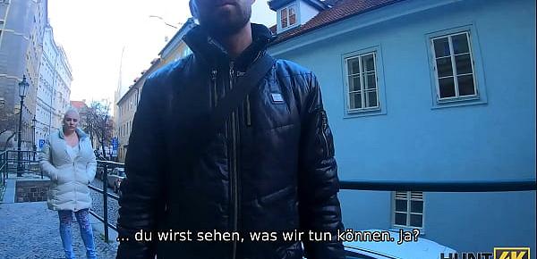 HUNT4K. Der Mensch bewundert, wie vollbusige Schönheit Jäger auf Titten abspritzen lässt